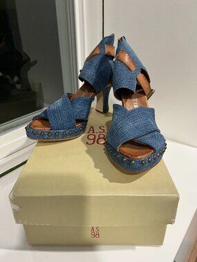 A.S.98 Denim and Leather Sandals with Studded Details 37 Fits Large